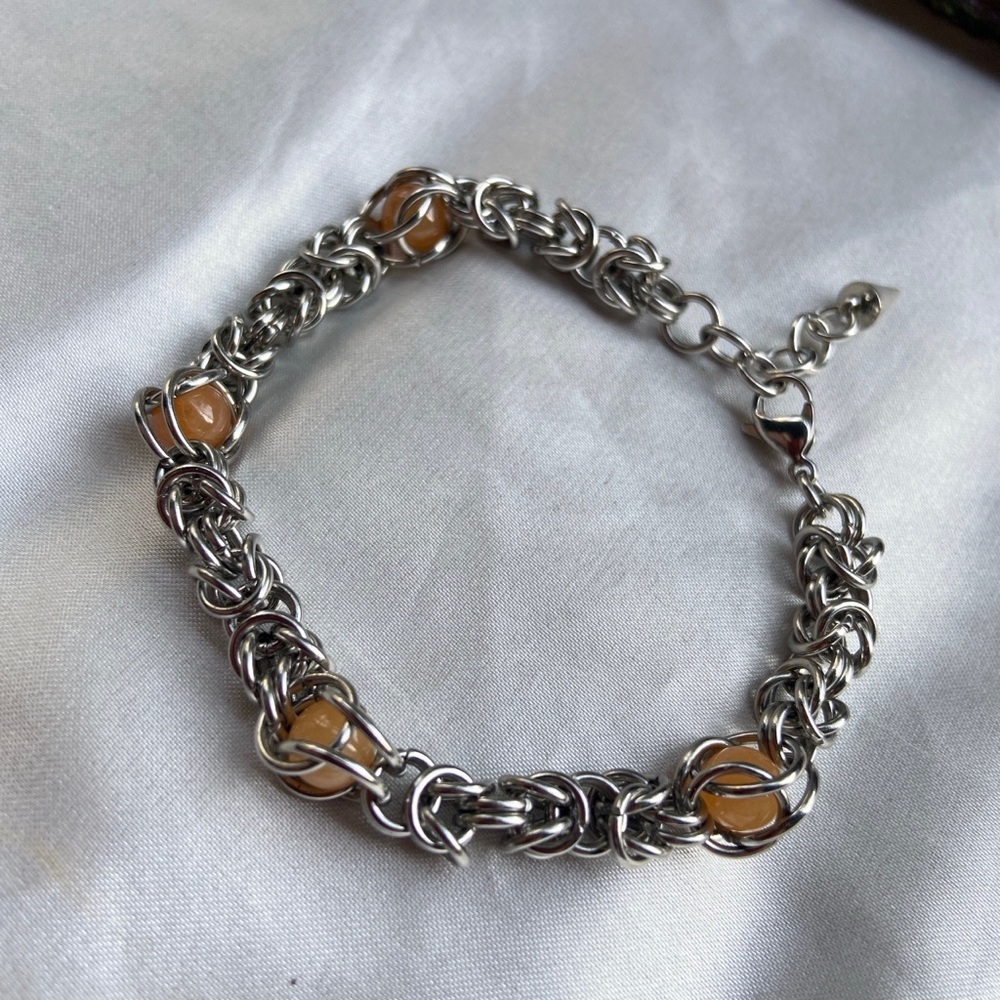 Genuine Orange Aventurine Gemstone Crystal Silver Stainless Steel Bracelet